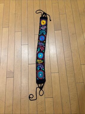 Embroidered Floral Black Belt Strap with Bright Multicolor Flowers